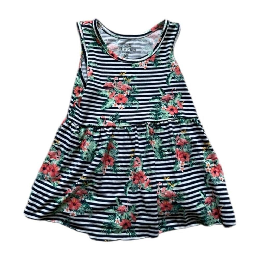 Toddler Girls Members Mark Floral Print Stripe Sleeveless Flip Flop Dress - 3T